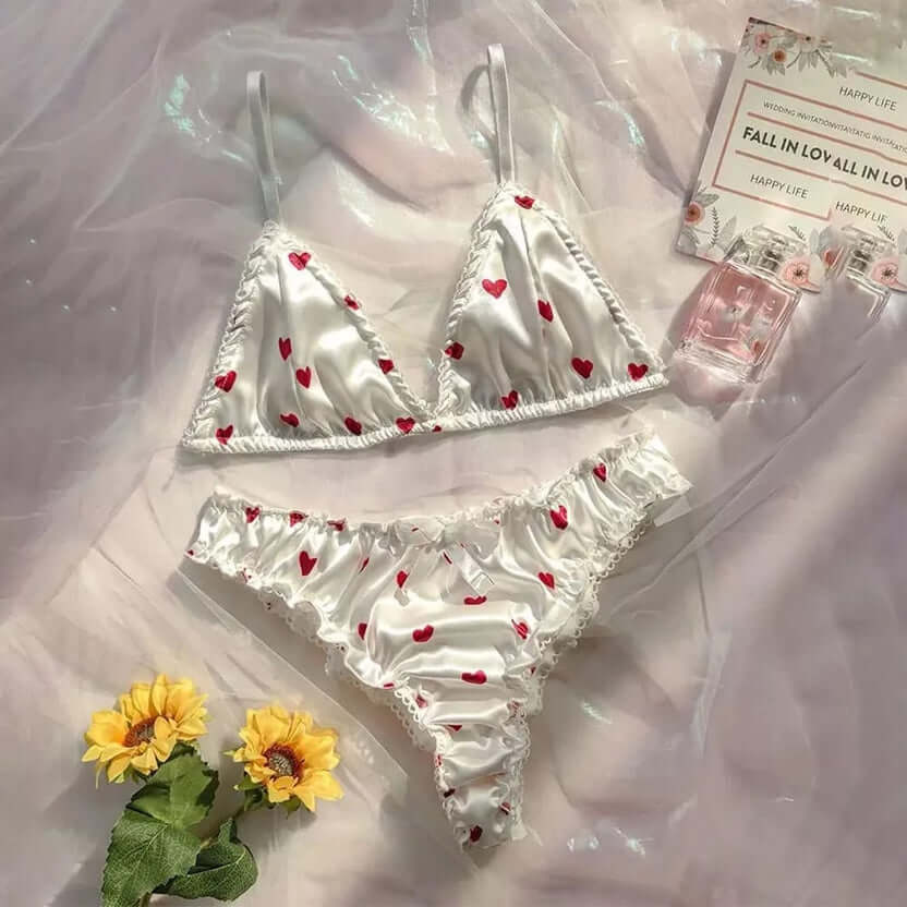 Heart Print Satin Bra Set – Soft Breathable Pajama Underwear | FiftyShades