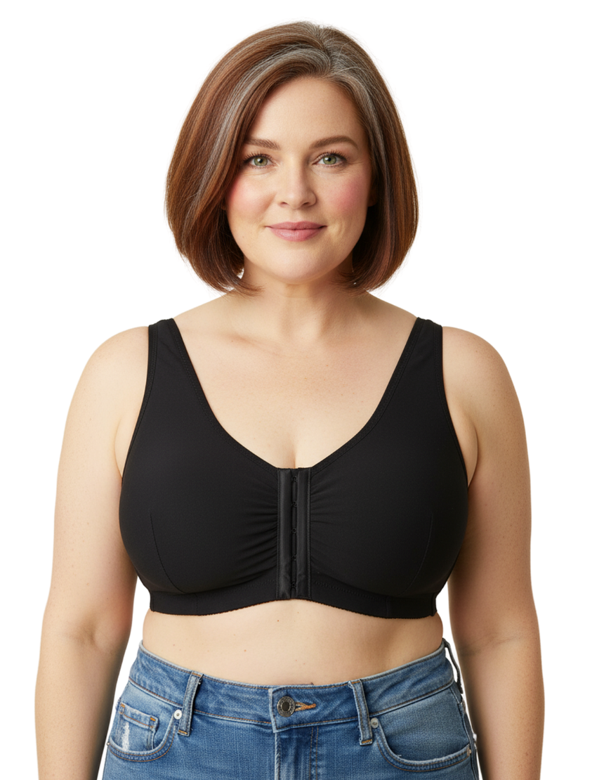 Cotton Front Open Post Surgical Bra with Pockets - Black