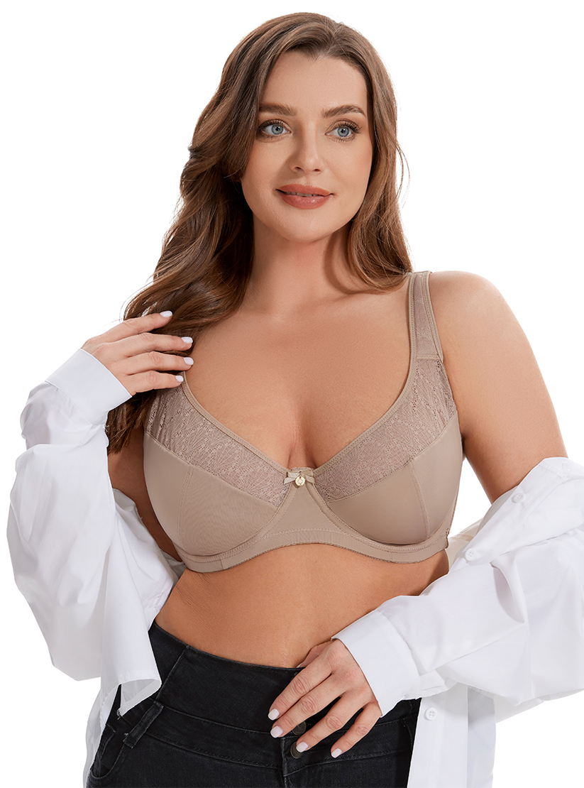 Curvy Double Layered Minimizer Wired Bra with Lace Touch-BEIGE