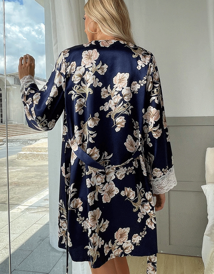 Losha Deep Love Silk 3 Piece Nighty - Navy Blue