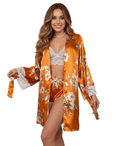 Deep Love Silk 3 Piece Nighty - Orange