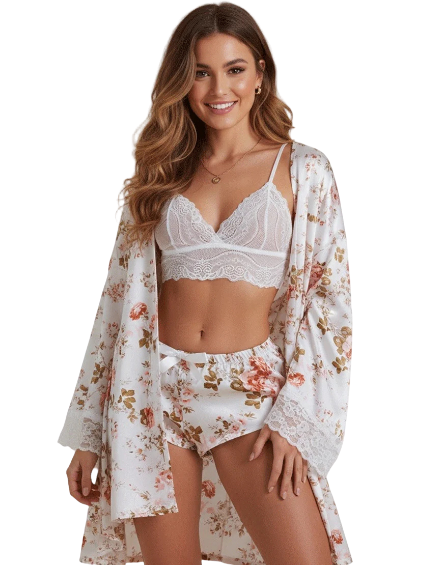 Deep Love Silk 3 Piece Nighty - Flower Print