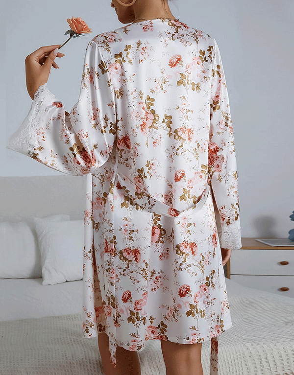 Deep Love Silk 3 Piece Nighty - Flower Print