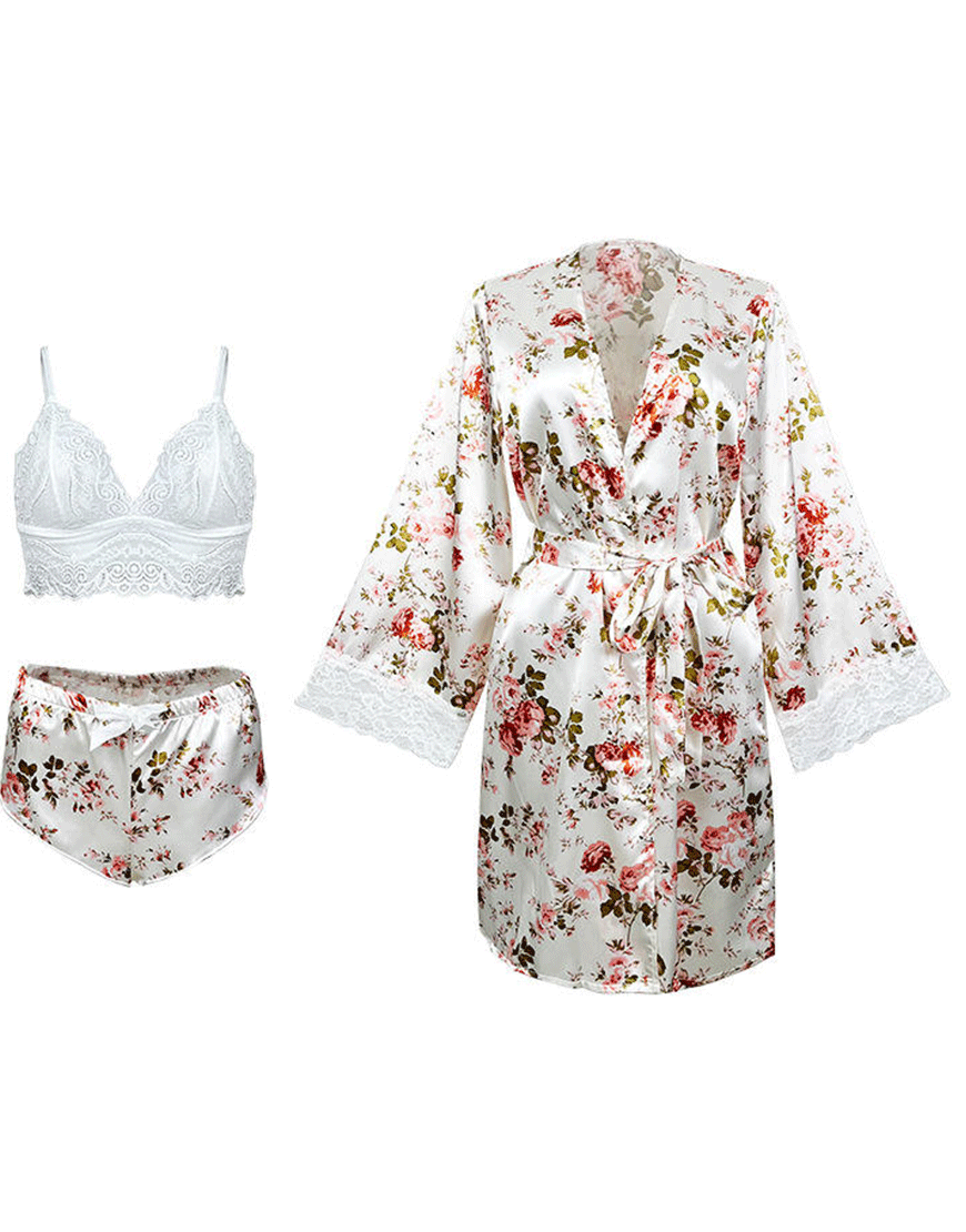 Deep Love Silk 3 Piece Nighty - Flower Print
