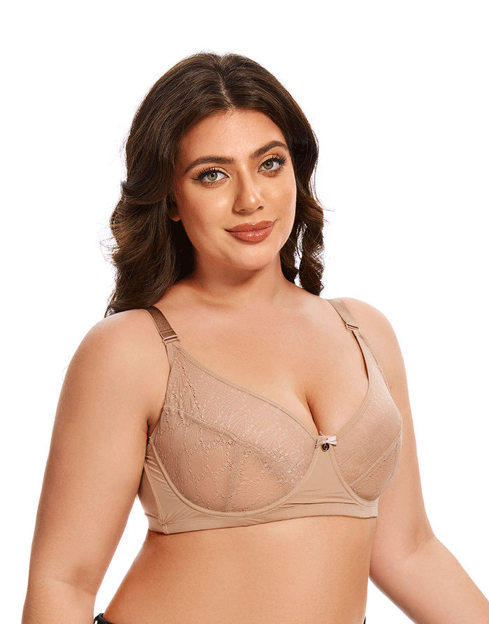 Curvy All Over Lace Cup Double Layered Wired Bra - Skin