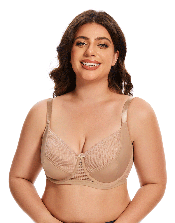 Curvy All Over Lace Cup Double Layered Wired Bra - Skin