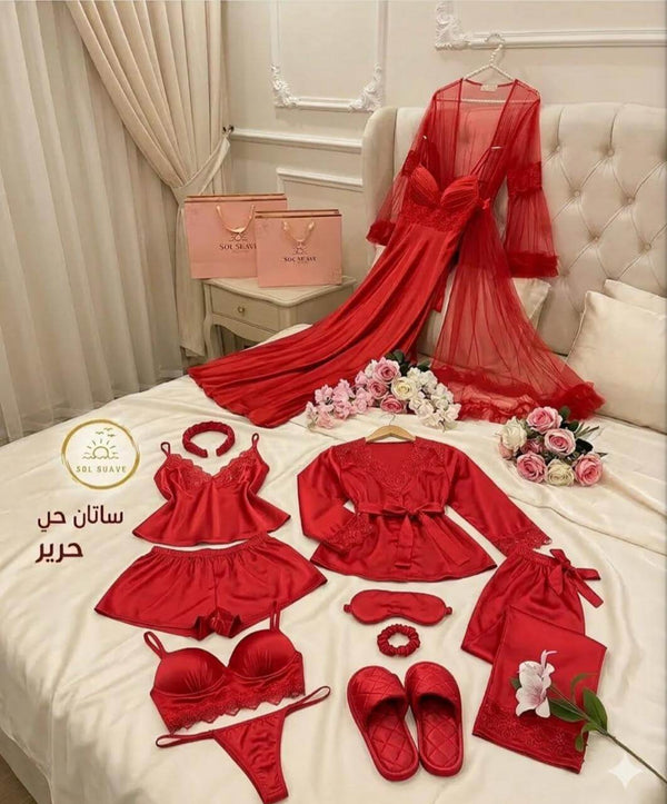 8 Pcs Luxury Imported Silk Nighty Bridal Set – Premium Satin Sleepwear | FiftyShades