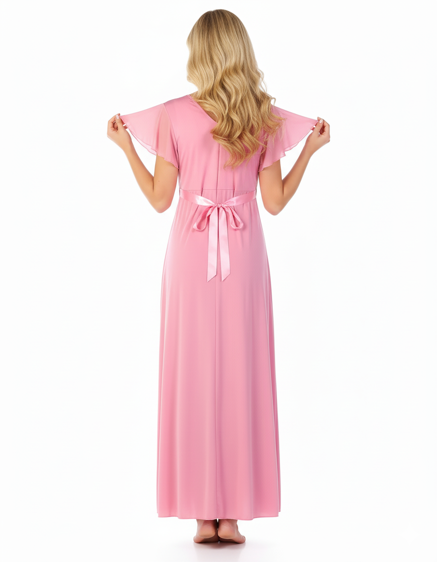 2 Piece Lacy Neck Long Nighty - Baby Pink