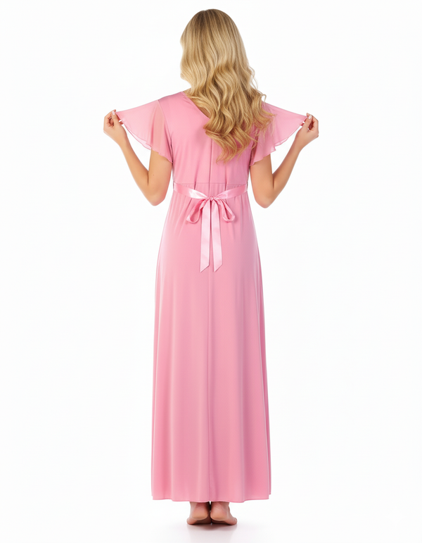 2 Piece Lacy Neck Long Nighty - Baby Pink