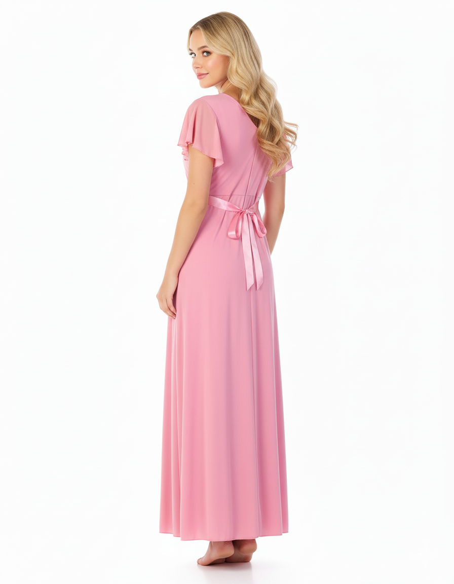 2 Piece Lacy Neck Long Nighty - Baby Pink