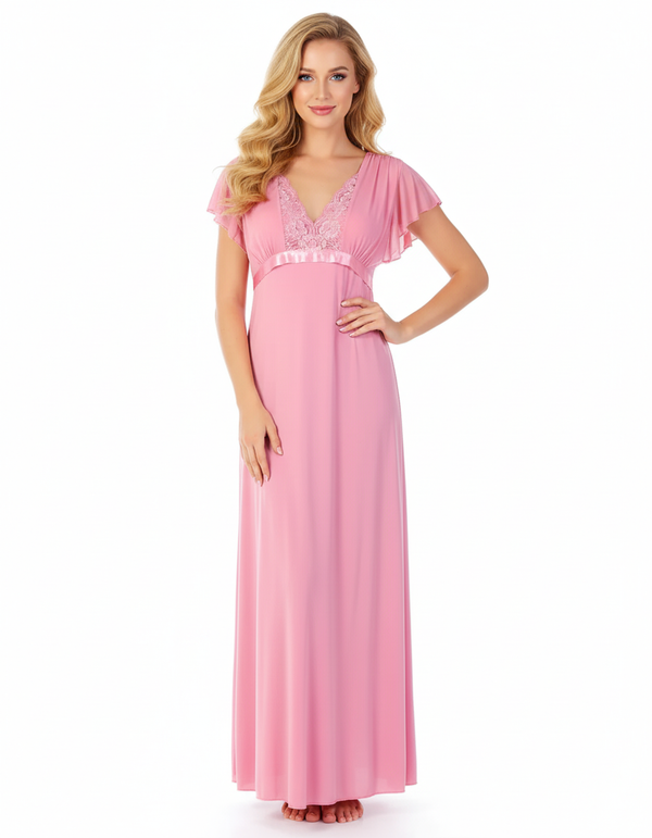 2 Piece Lacy Neck Long Nighty - Baby Pink