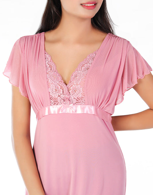 2 Piece Lacy Neck Long Nighty - Baby Pink