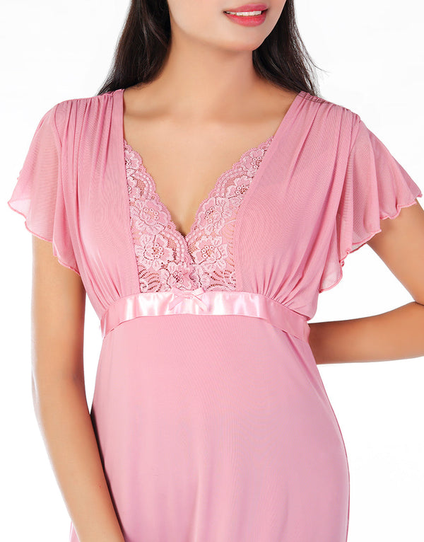 2 Piece Lacy Neck Long Nighty - Baby Pink