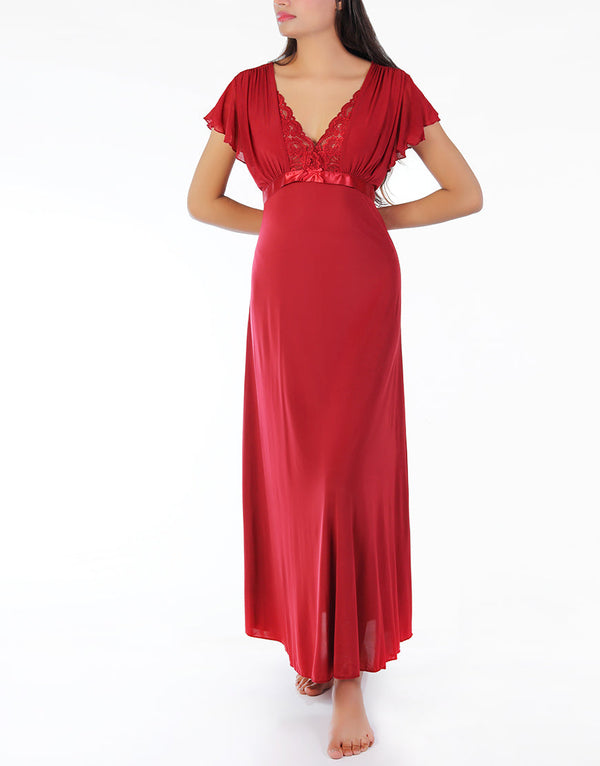 2 Piece Lacy Neck Long Nighty - Maroon