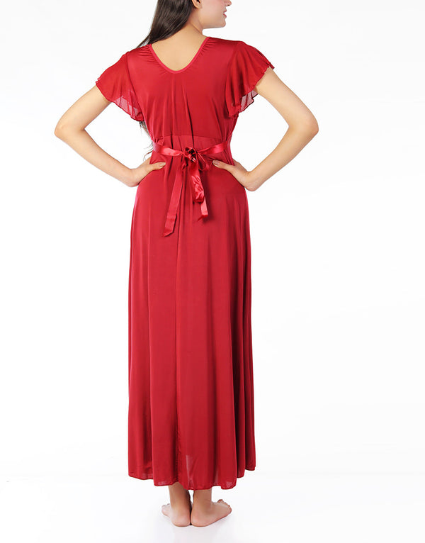 2 Piece Lacy Neck Long Nighty - Maroon