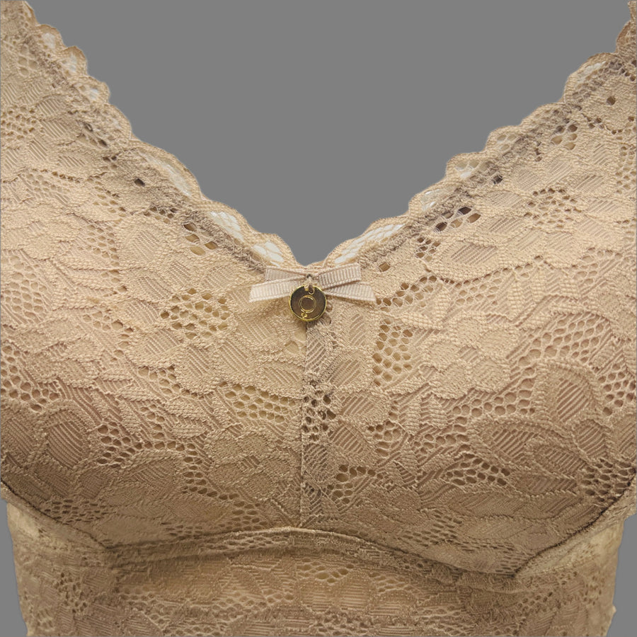 Curvy Double Layered All over Lace Bralette-BEIGE