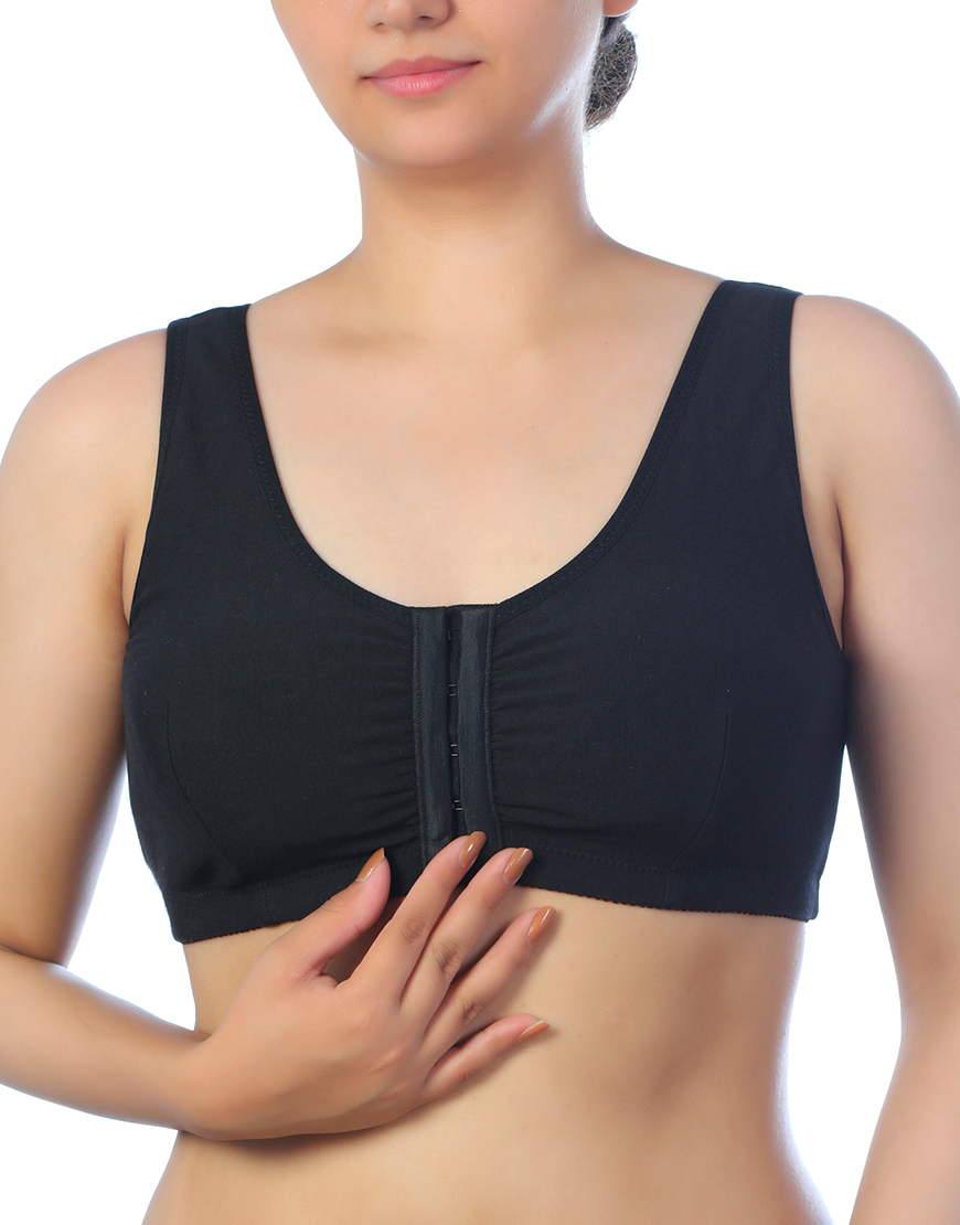 Cotton Front Open Post Surgical Bra with Pockets - Black