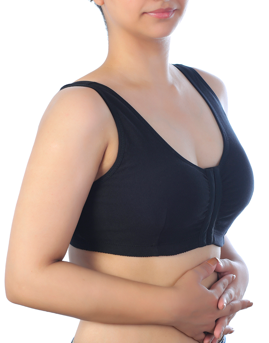 Cotton Front Open Post Surgical Bra with Pockets - Black