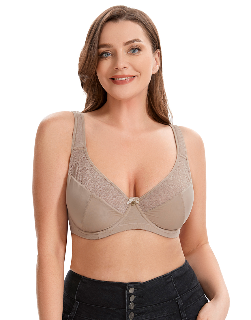 Curvy Double Layered Minimizer Wired Bra with Lace Touch-BEIGE