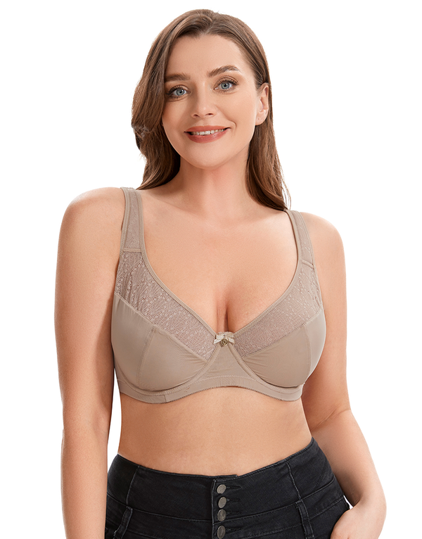 Curvy Double Layered Minimizer Wired Bra with Lace Touch-BEIGE