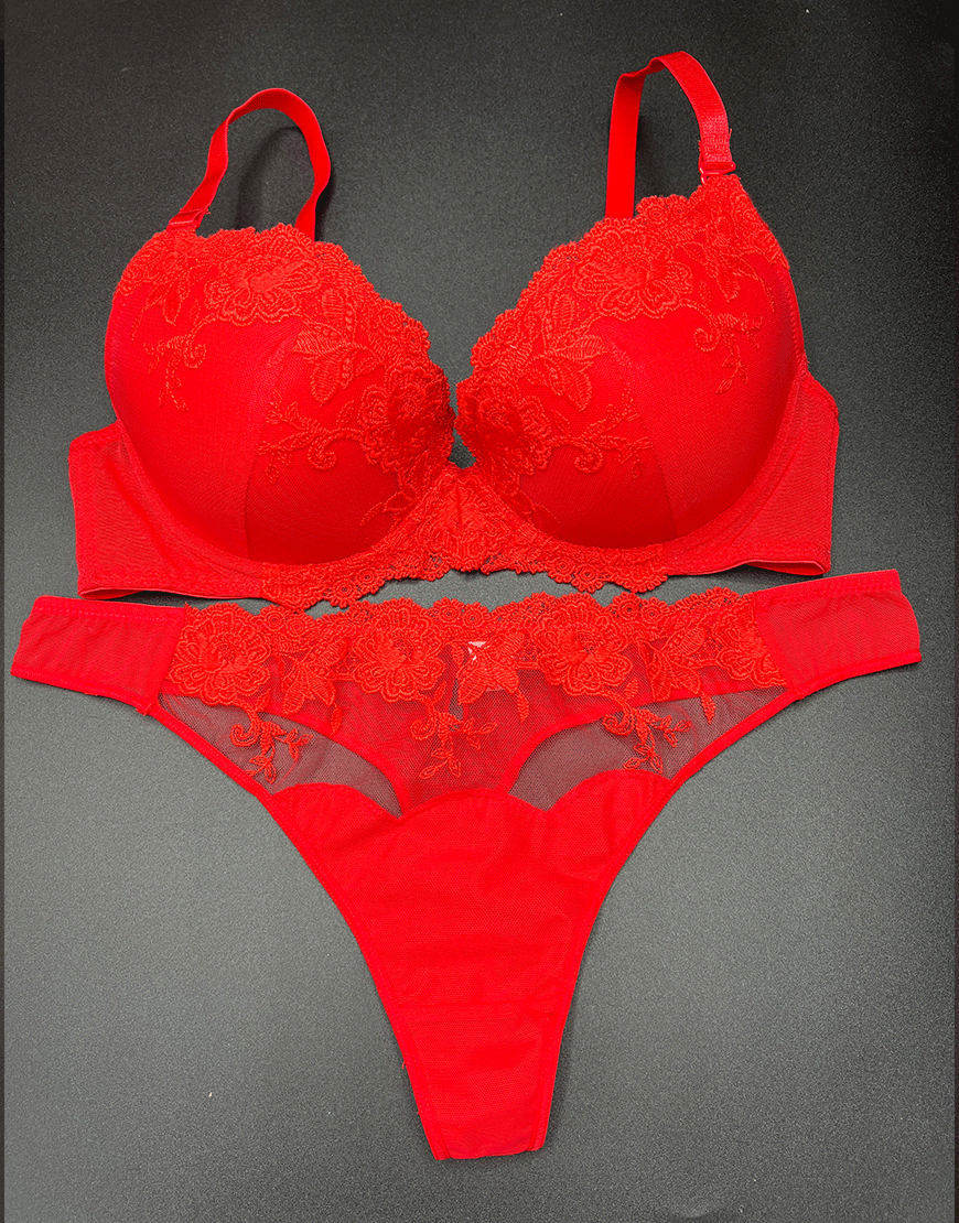LIGHTLY PADDED WIRED FANCY BRA WITH MATCHING PANTY-RED