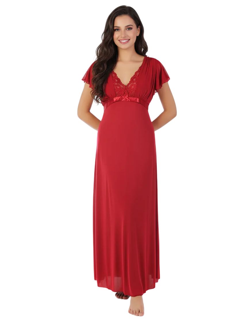 2 Piece Lacy Neck Long Nighty - Maroon