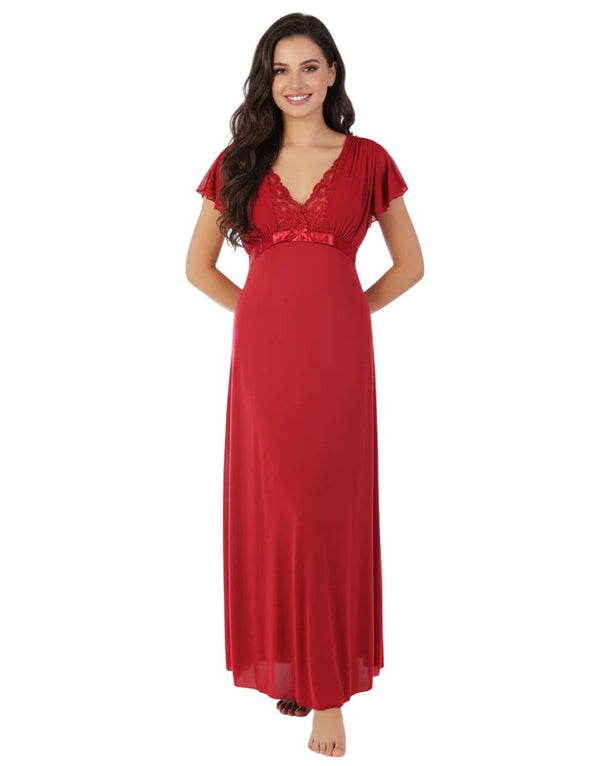 2 Piece Lacy Neck Long Nighty - Maroon