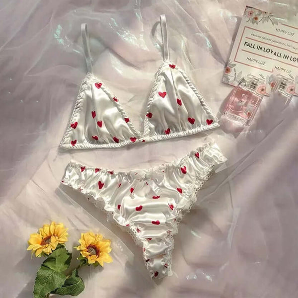 Heart Print Satin Bra Set – Soft Breathable Pajama Underwear | FiftyShades