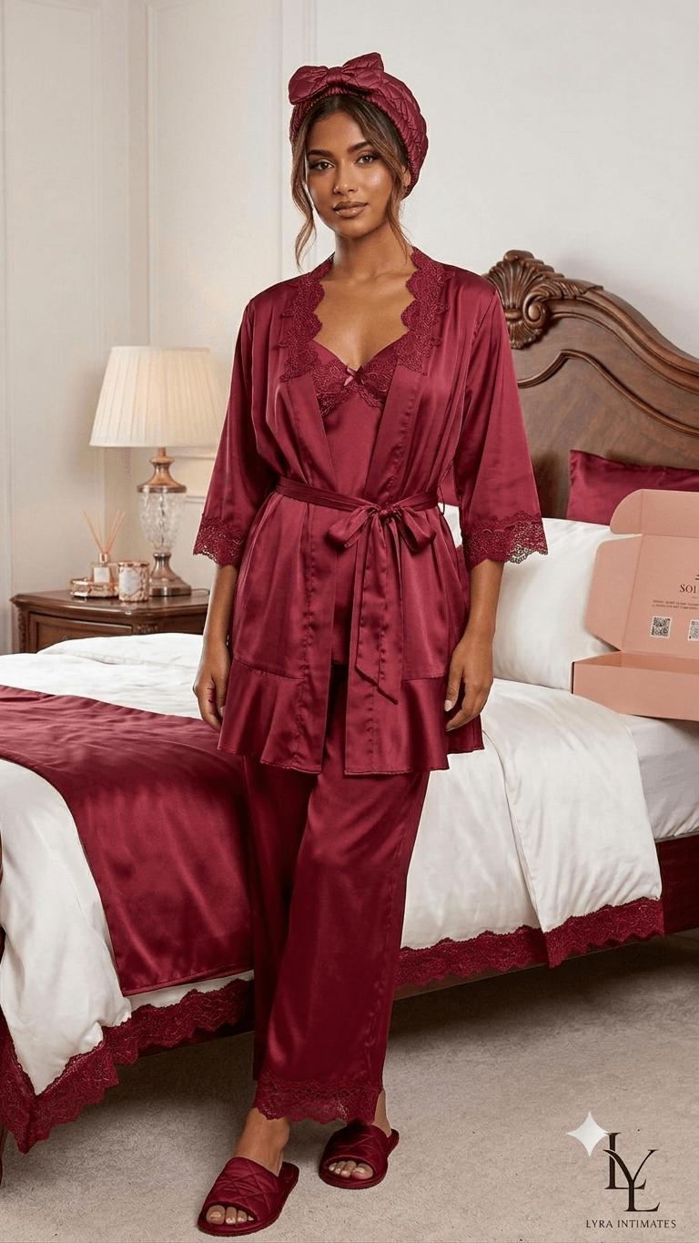 8 Pcs Luxury Imported Silk Nighty Bridal Set – Premium Satin Sleepwear | FiftyShades