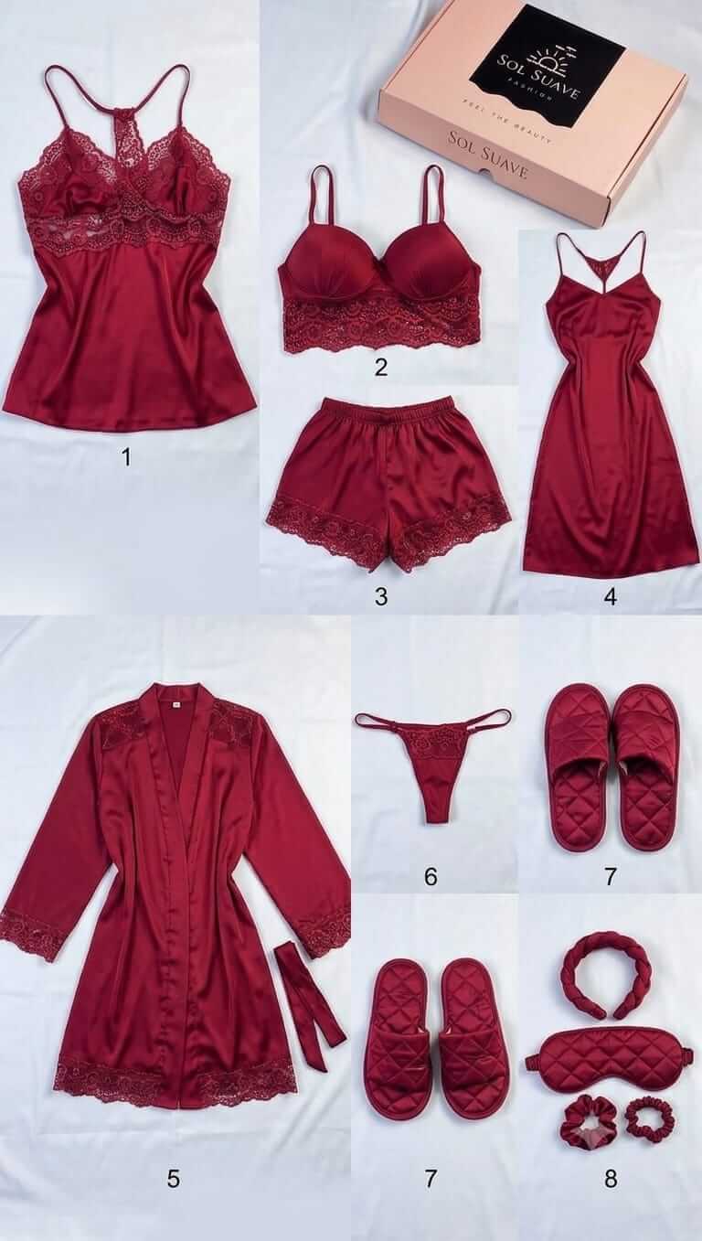 8 Pcs Luxury Imported Silk Nighty Bridal Set – Premium Satin Sleepwear | FiftyShades